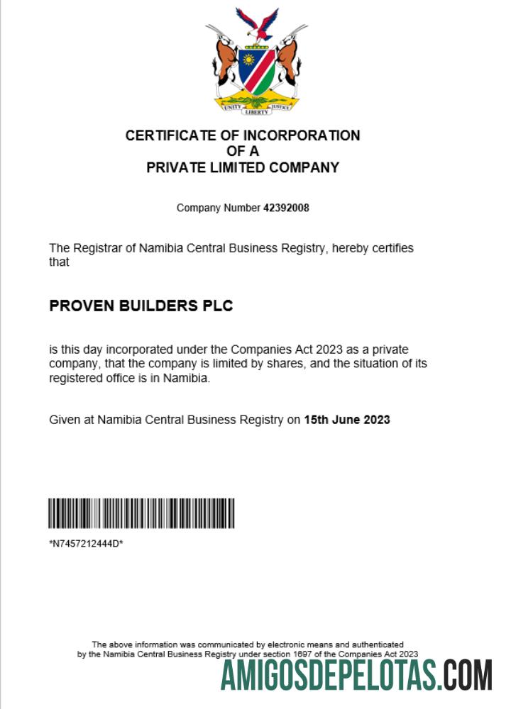 em branco Certificado de registro de empresa da Namíbia modelo Word e PDF